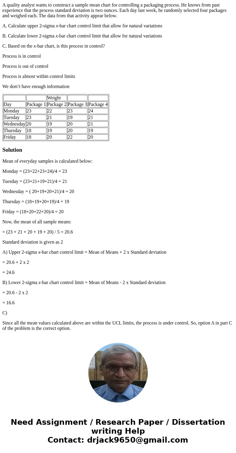 A quality analyst wants to construct a sample mean chart for controlling a packaging process. He knows from past experience that the process standard deviation  A quality analyst wants to construct a sample mean chart for controlling a packaging process. He knows from past experience that the process standard deviation