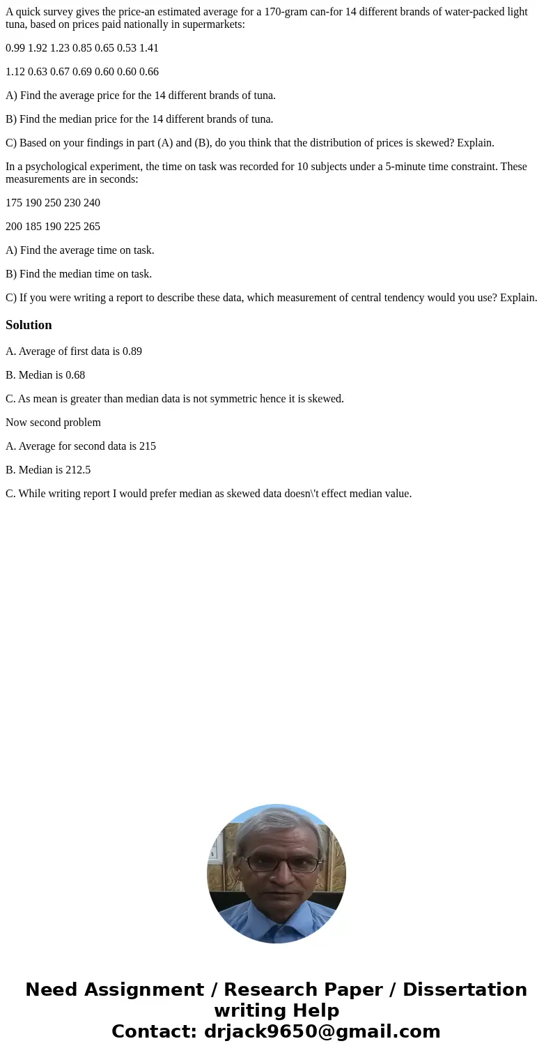 A quick survey gives the price-an estimated average for a 170-gram can-for 14 different brands of water-packed light tuna, based on prices paid nationally in su A quick survey gives the price-an estimated average for a 170-gram can-for 14 different brands of water-packed light tuna, based on prices paid nationally in su