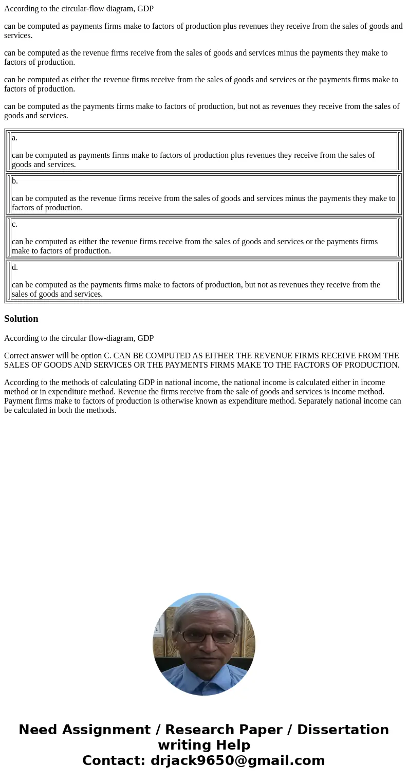 According to the circular-flow diagram, GDP can be computed as payments firms make to factors of production plus revenues they receive from the sales of goods a According to the circular-flow diagram, GDP can be computed as payments firms make to factors of production plus revenues they receive from the sales of goods a