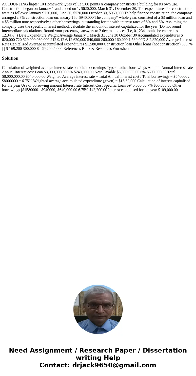 ACCOUNTING hapter 10 Homework Ques value 5.00 points A company constructs a building for its own use. Construction began on January 1 and ended on 1, $620,000,  ACCOUNTING hapter 10 Homework Ques value 5.00 points A company constructs a building for its own use. Construction began on January 1 and ended on 1, $620,000,