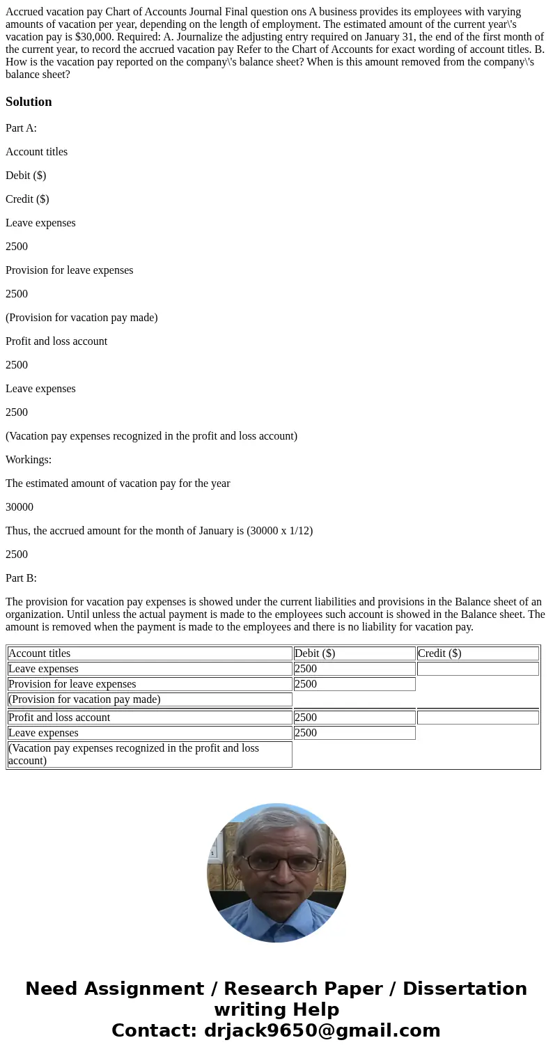  Accrued vacation pay Chart of Accounts Journal Final question ons A business provides its employees with varying amounts of vacation per year, depending on the