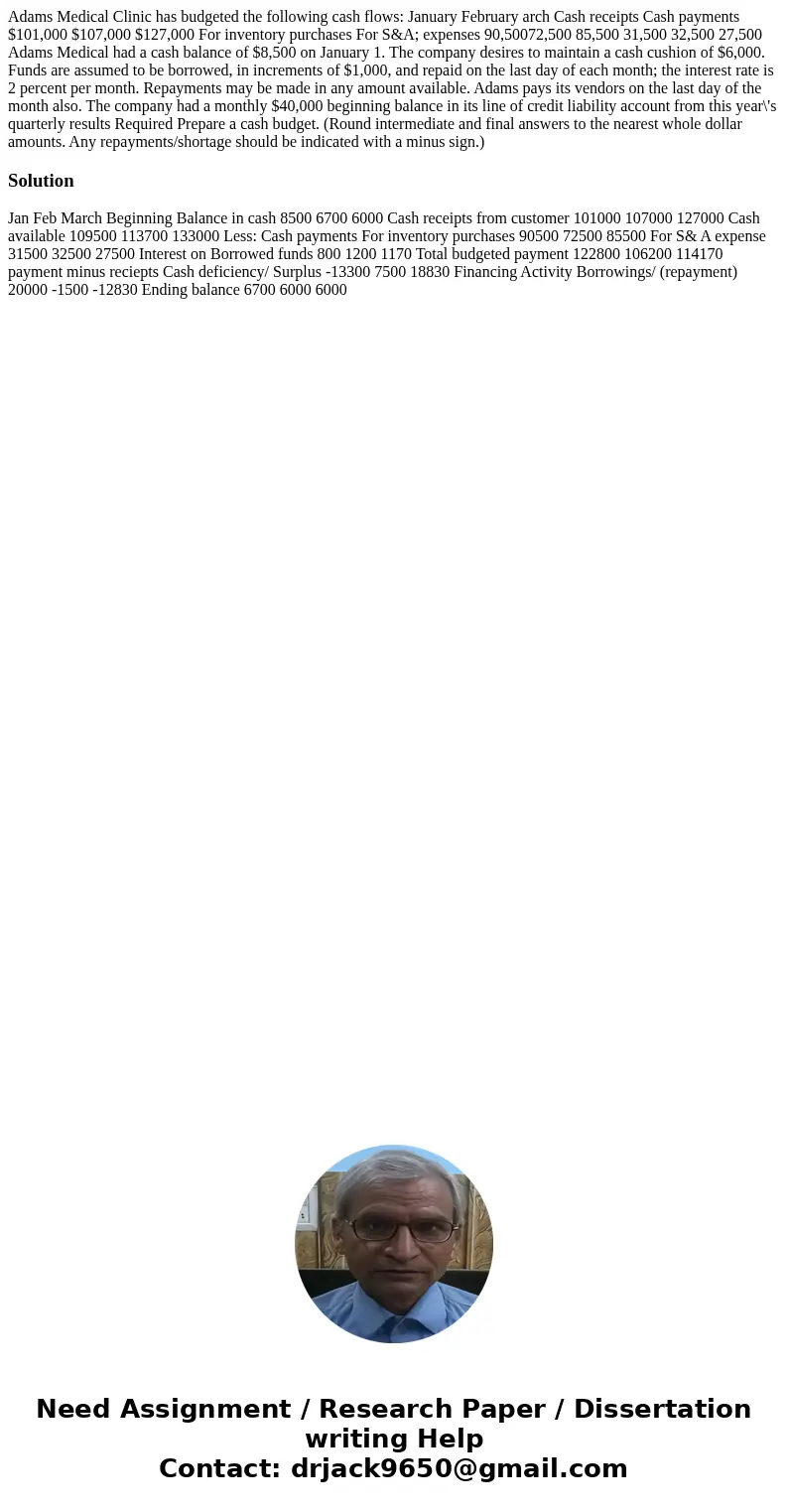 Adams Medical Clinic has budgeted the following cash flows: January February arch Cash receipts Cash payments $101,000 $107,000 $127,000 For inventory purchase  Adams Medical Clinic has budgeted the following cash flows: January February arch Cash receipts Cash payments $101,000 $107,000 $127,000 For inventory purchase