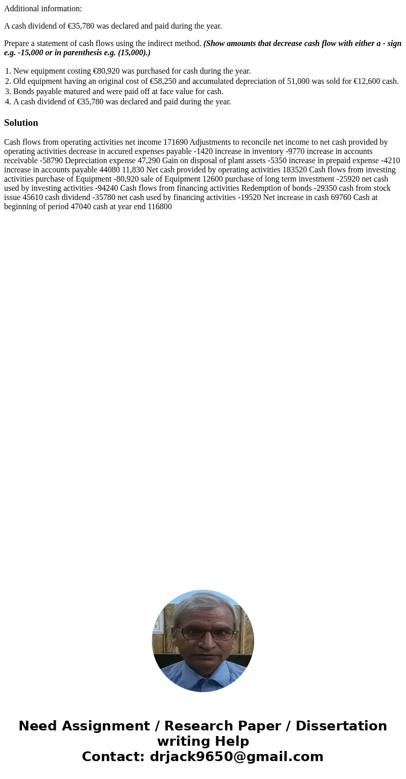Additional information: A cash dividend of €35,780 was declared and paid during the year. Prepare a statement of cash flows using the indirect method. (Show amo Additional information: A cash dividend of €35,780 was declared and paid during the year. Prepare a statement of cash flows using the indirect method. (Show amo