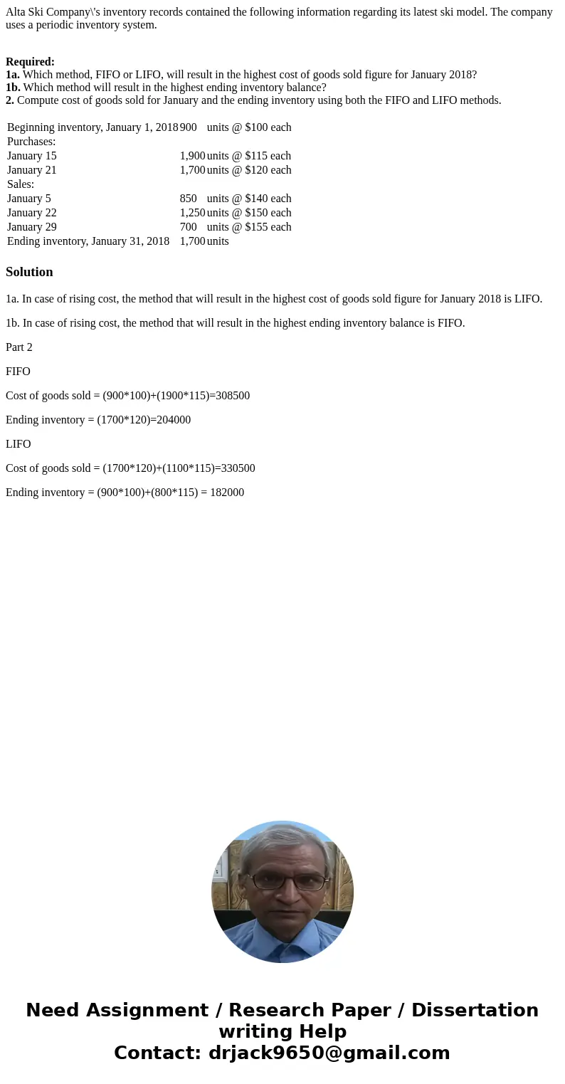 Alta Ski Company\'s inventory records contained the following information regarding its latest ski model. The company uses a periodic inventory system. Required