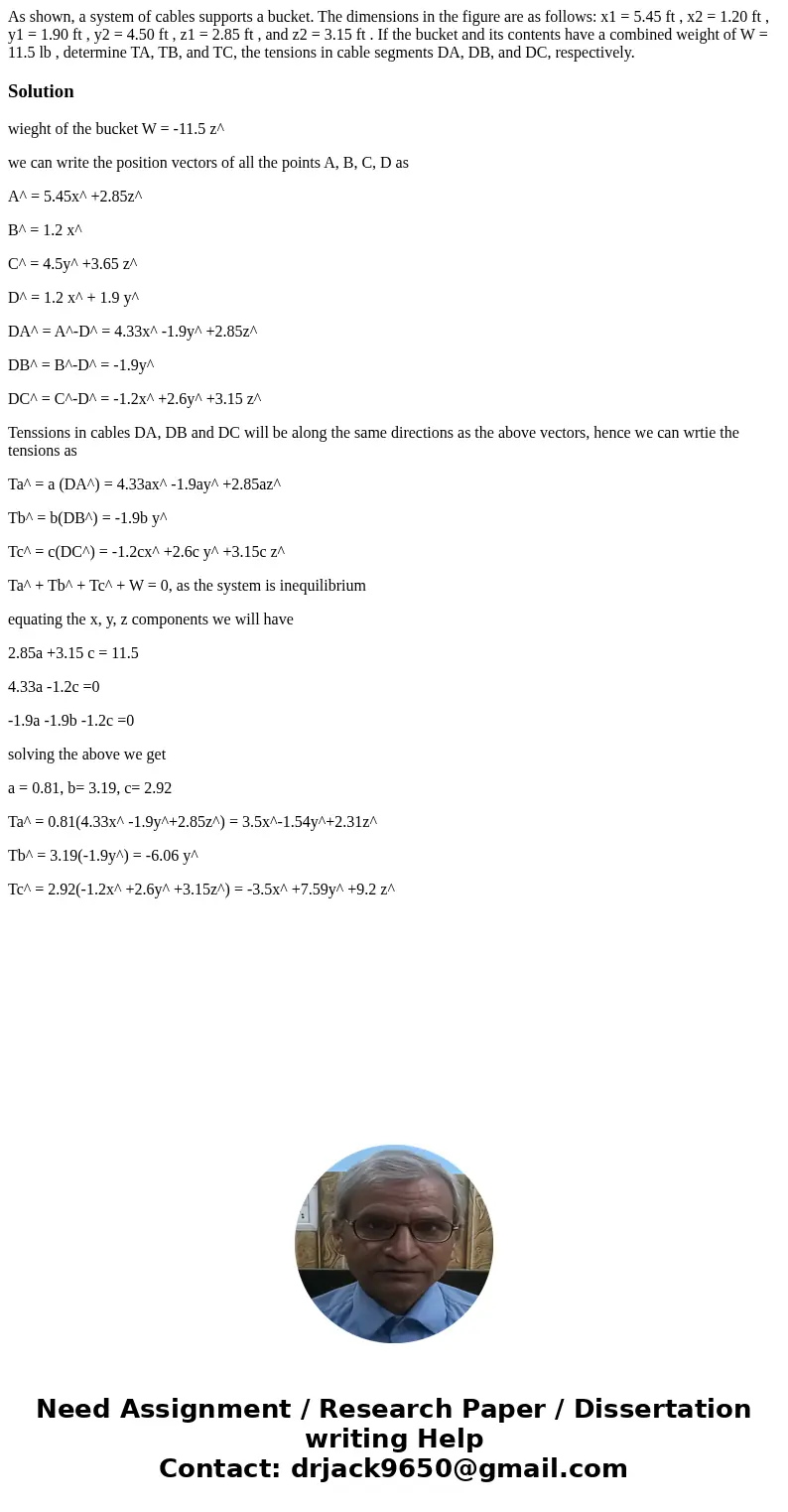 As shown, a system of cables supports a bucket. The dimensions in the figure are as follows: x1 = 5.45 ft , x2 = 1.20 ft , y1 = 1.90 ft , y2 = 4.50 ft , z1 = 2. As shown, a system of cables supports a bucket. The dimensions in the figure are as follows: x1 = 5.45 ft , x2 = 1.20 ft , y1 = 1.90 ft , y2 = 4.50 ft , z1 = 2.