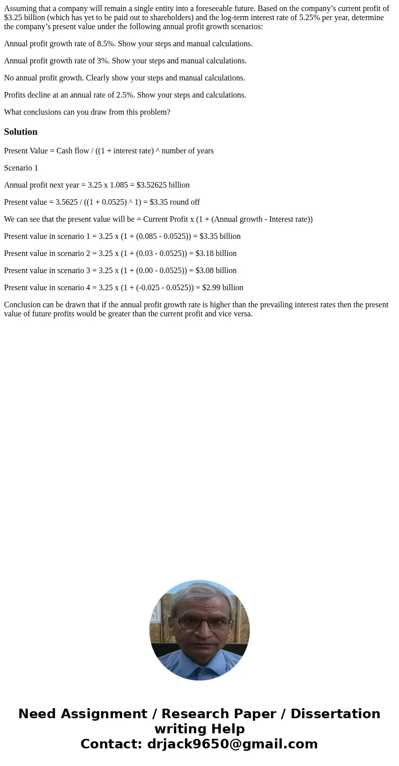 Assuming that a company will remain a single entity into a foreseeable future. Based on the company’s current profit of $3.25 billion (which has yet to be paid  Assuming that a company will remain a single entity into a foreseeable future. Based on the company’s current profit of $3.25 billion (which has yet to be paid