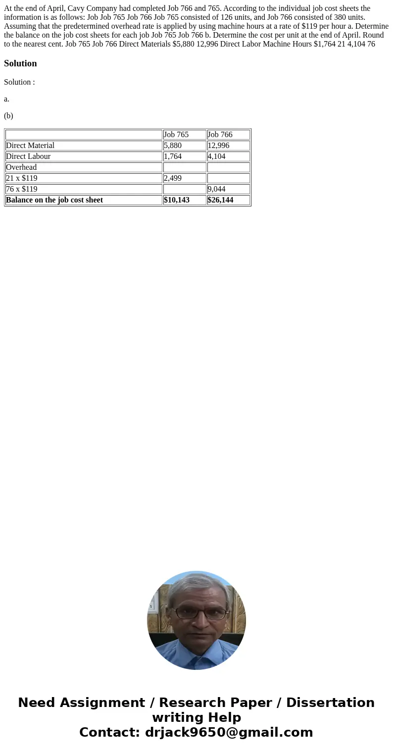 At the end of April, Cavy Company had completed Job 766 and 765. According to the individual job cost sheets the information is as follows: Job Job 765 Job 766  At the end of April, Cavy Company had completed Job 766 and 765. According to the individual job cost sheets the information is as follows: Job Job 765 Job 766