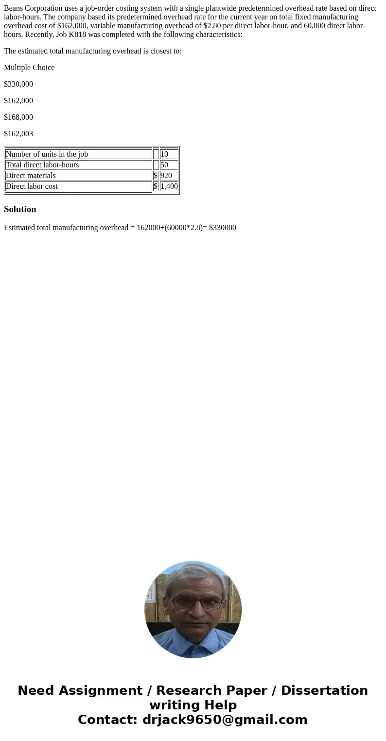 Beans Corporation uses a job-order costing system with a single plantwide predetermined overhead rate based on direct labor-hours. The company based its predete