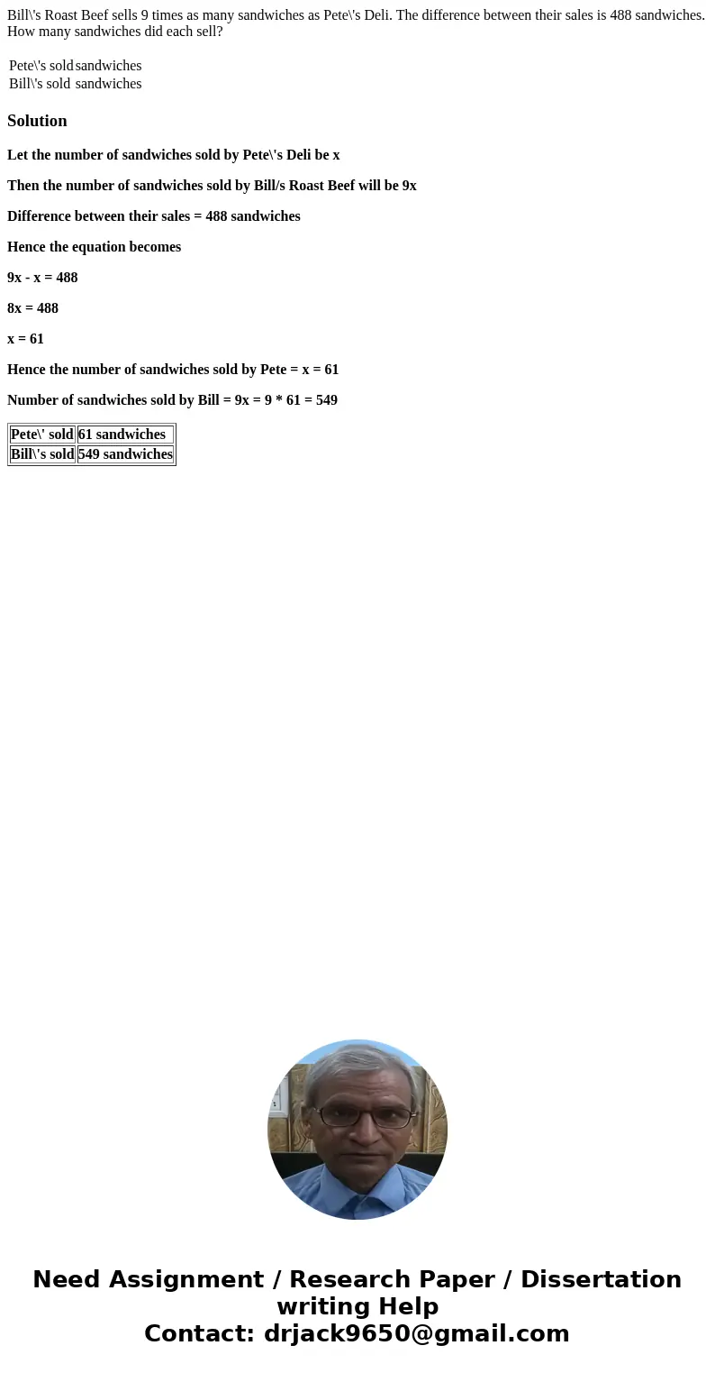 Bill\'s Roast Beef sells 9 times as many sandwiches as Pete\'s Deli. The difference between their sales is 488 sandwiches. How many sandwiches did each sell? Pe Bill\'s Roast Beef sells 9 times as many sandwiches as Pete\'s Deli. The difference between their sales is 488 sandwiches. How many sandwiches did each sell? Pe