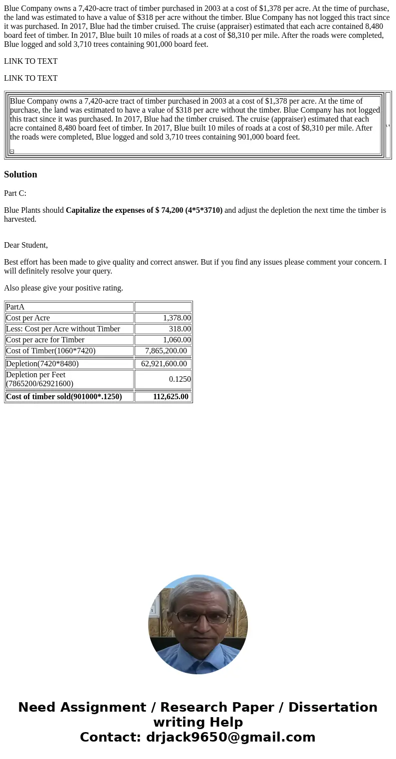 Blue Company owns a 7,420-acre tract of timber purchased in 2003 at a cost of $1,378 per acre. At the time of purchase, the land was estimated to have a value o