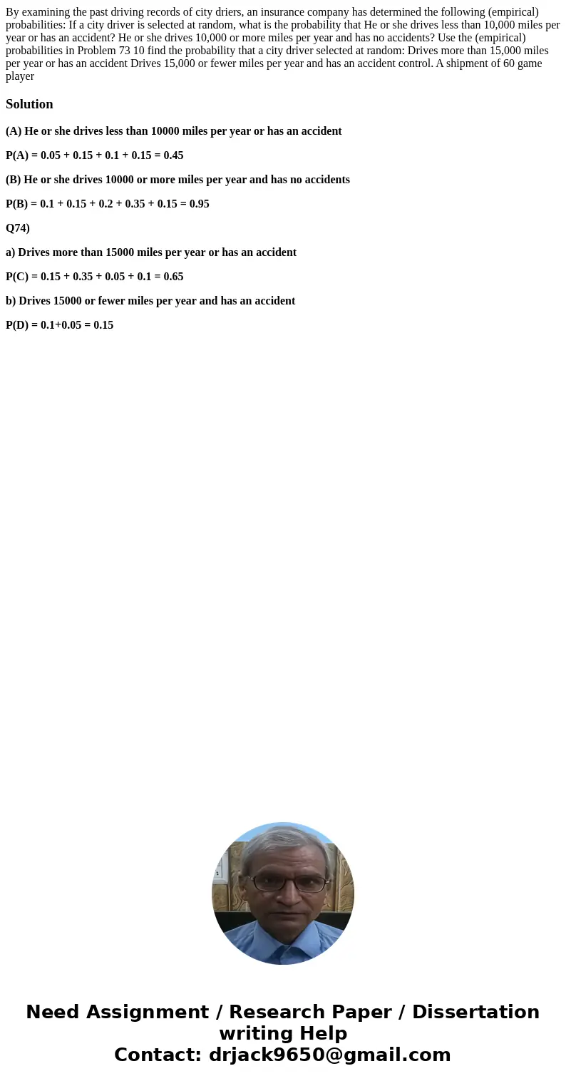 By examining the past driving records of city driers, an insurance company has determined the following (empirical) probabilities: If a city driver is selected  By examining the past driving records of city driers, an insurance company has determined the following (empirical) probabilities: If a city driver is selected