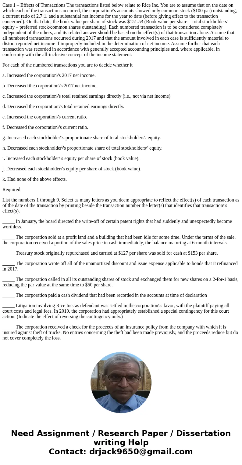 Case 1 – Effects of Transactions The transactions listed below relate to Rice Inc. You are to assume that on the date on which each of the transactions occurred Case 1 – Effects of Transactions The transactions listed below relate to Rice Inc. You are to assume that on the date on which each of the transactions occurred