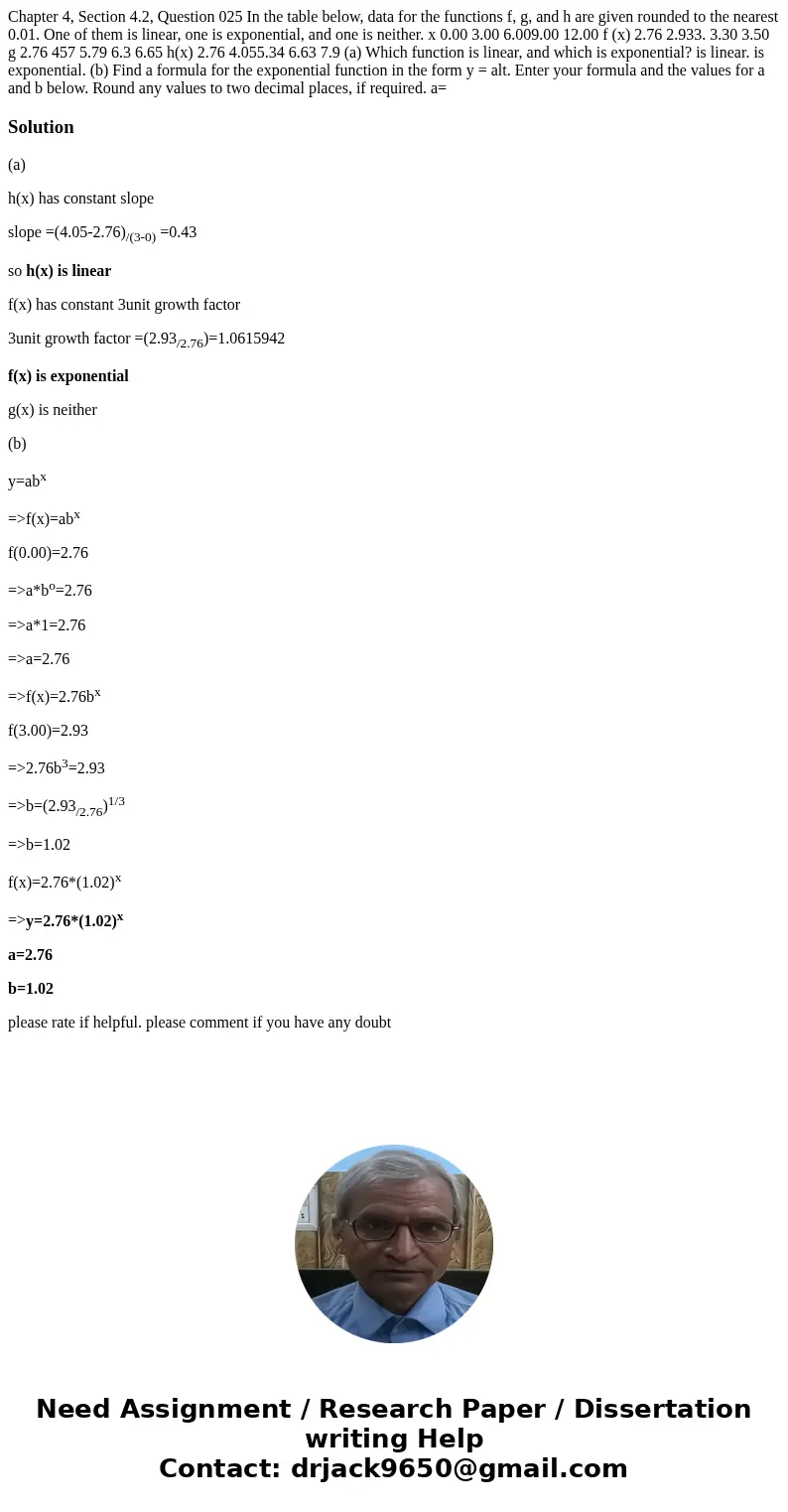 Chapter 4, Section 4.2, Question 025 In the table below, data for the functions f, g, and h are given rounded to the nearest 0.01. One of them is linear, one i  Chapter 4, Section 4.2, Question 025 In the table below, data for the functions f, g, and h are given rounded to the nearest 0.01. One of them is linear, one i