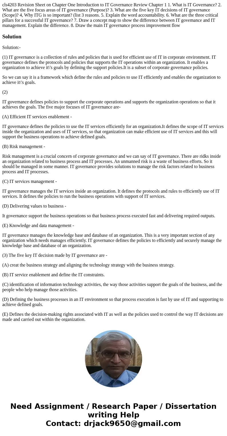 cls4203 Revision Sheet on Chapter One Introduction to IT Governance Review Chapter 1 1. What is IT Governance? 2. What are the five focus areas of IT governanc  cls4203 Revision Sheet on Chapter One Introduction to IT Governance Review Chapter 1 1. What is IT Governance? 2. What are the five focus areas of IT governanc