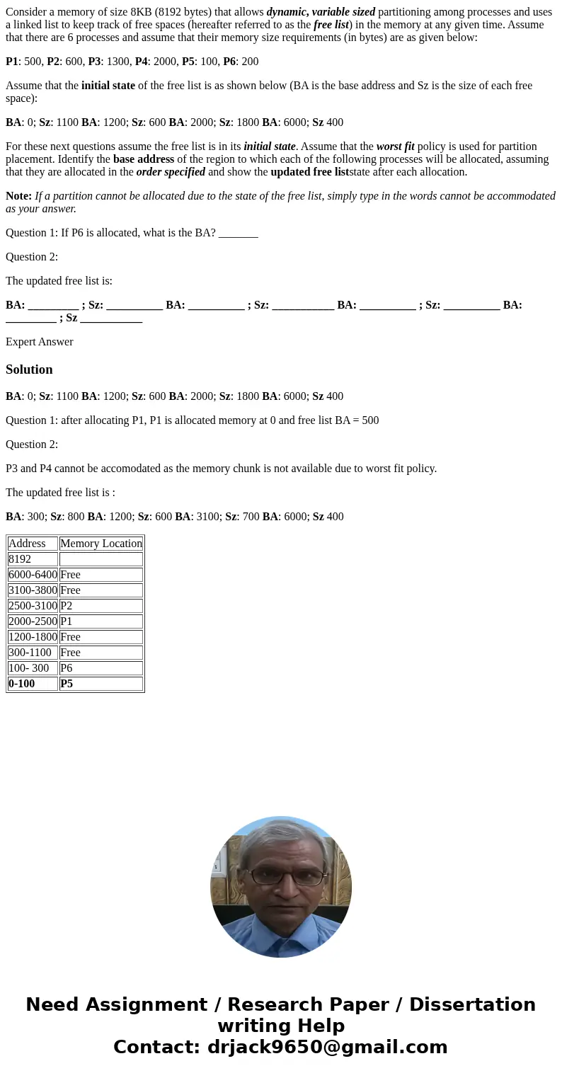 Consider a memory of size 8KB (8192 bytes) that allows dynamic, variable sized partitioning among processes and uses a linked list to keep track of free spaces  Consider a memory of size 8KB (8192 bytes) that allows dynamic, variable sized partitioning among processes and uses a linked list to keep track of free spaces