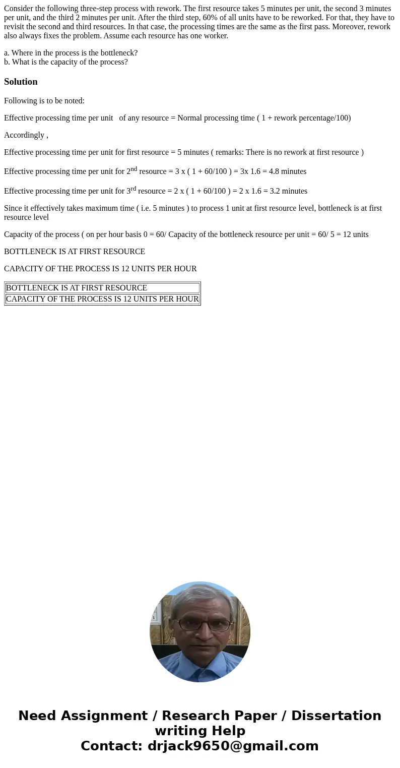Consider the following three-step process with rework. The first resource takes 5 minutes per unit, the second 3 minutes per unit, and the third 2 minutes per u Consider the following three-step process with rework. The first resource takes 5 minutes per unit, the second 3 minutes per unit, and the third 2 minutes per u