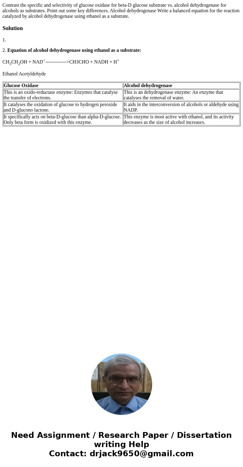 Contrast the specific and selectivity of glucose oxidase for beta-D glucose substrate vs. alcohol dehydrogenase for alcohols as substrates. Point out some key   Contrast the specific and selectivity of glucose oxidase for beta-D glucose substrate vs. alcohol dehydrogenase for alcohols as substrates. Point out some key