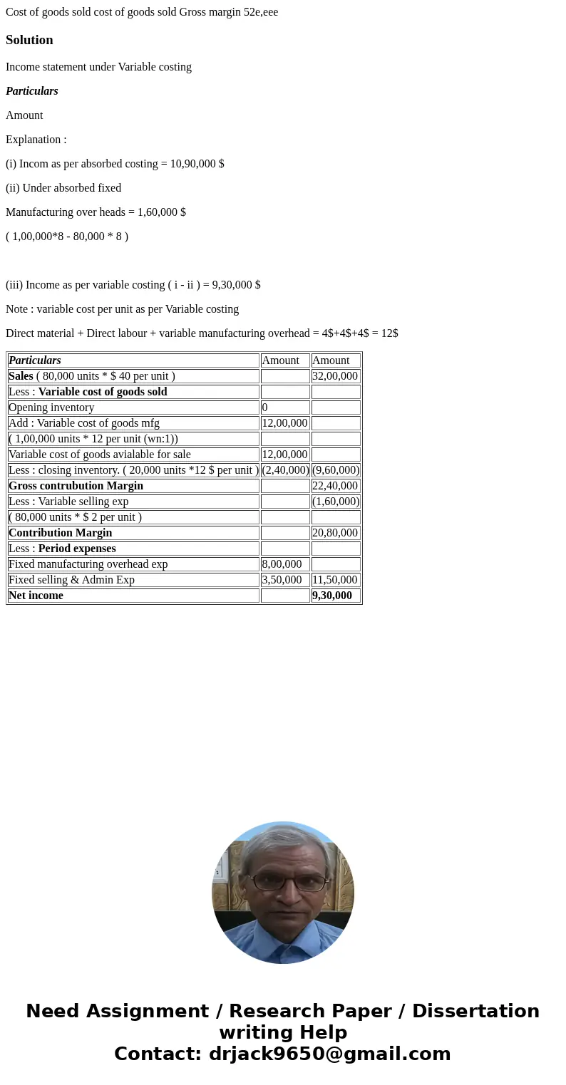 Cost of goods sold cost of goods sold Gross margin 52e,eee SolutionIncome statement under Variable costing Particulars Amount Explanation : (i) Incom as per ab  Cost of goods sold cost of goods sold Gross margin 52e,eee SolutionIncome statement under Variable costing Particulars Amount Explanation : (i) Incom as per ab