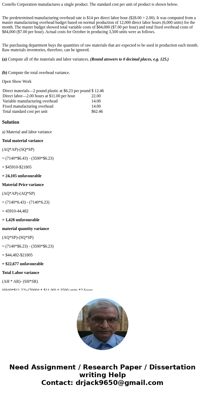 Costello Corporation manufactures a single product. The standard cost per unit of product is shown below. The predetermined manufacturing overhead rate is $14 p Costello Corporation manufactures a single product. The standard cost per unit of product is shown below. The predetermined manufacturing overhead rate is $14 p