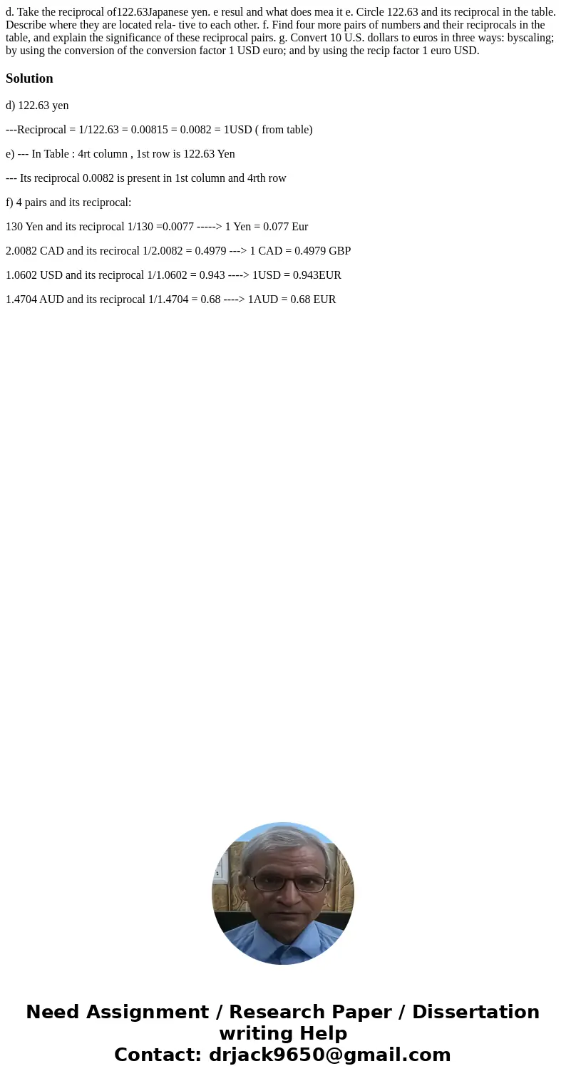 d. Take the reciprocal of122.63Japanese yen. e resul and what does mea it e. Circle 122.63 and its reciprocal in the table. Describe where they are located rel  d. Take the reciprocal of122.63Japanese yen. e resul and what does mea it e. Circle 122.63 and its reciprocal in the table. Describe where they are located rel