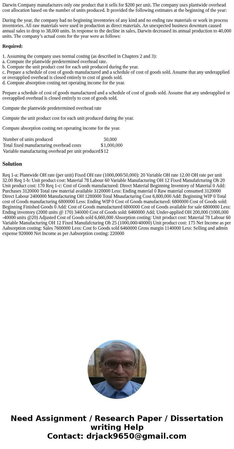 Darwin Company manufactures only one product that it sells for $200 per unit. The company uses plantwide overhead cost allocation based on the number of units p