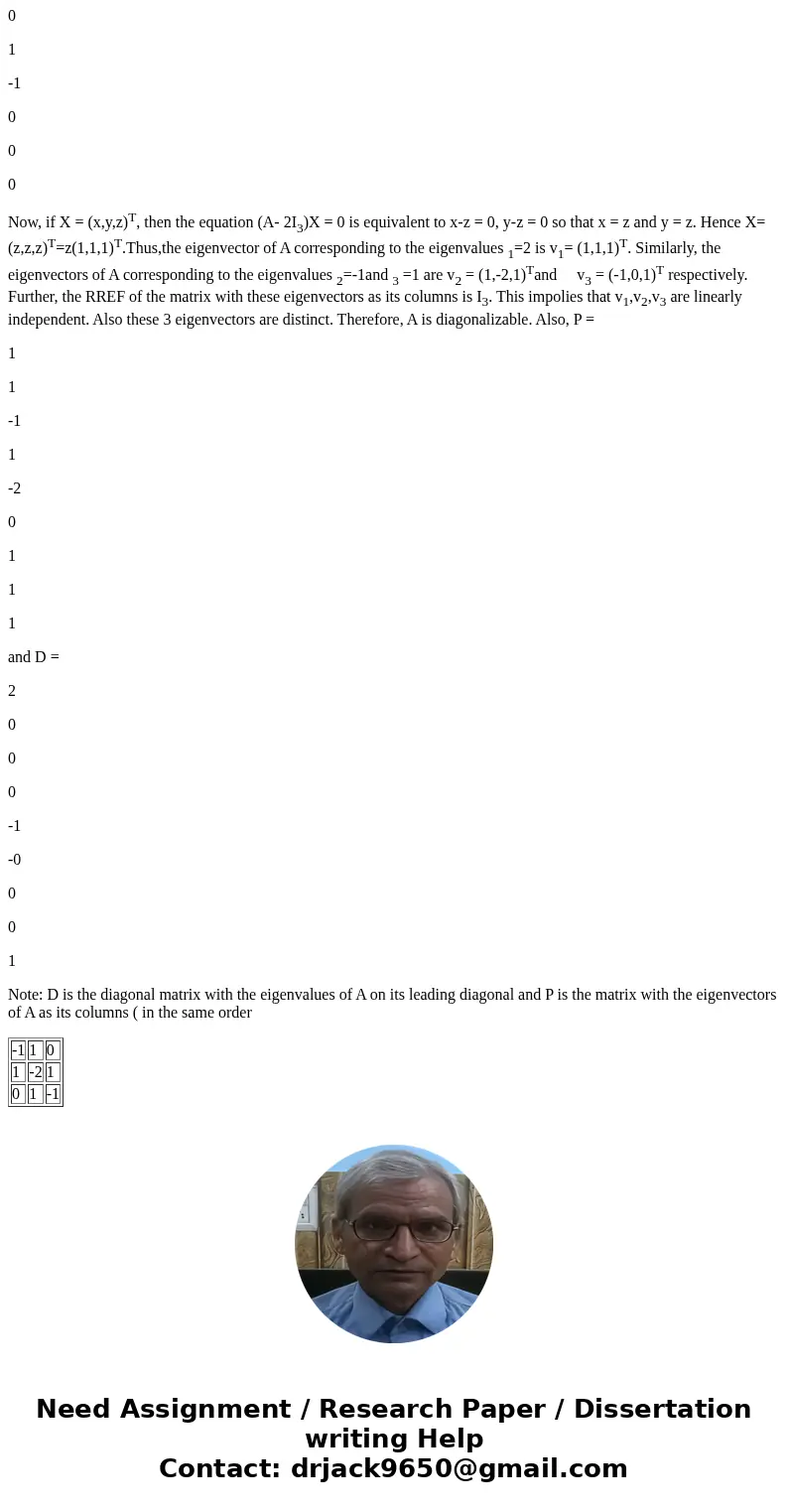  Determine whether A is diagonalizable. A = [1 1 0 1 0 1 0 1 1] Yes No Find an invertible matrix P and a diagonal matrix D such that P^-1AP = D. (Enter each mat