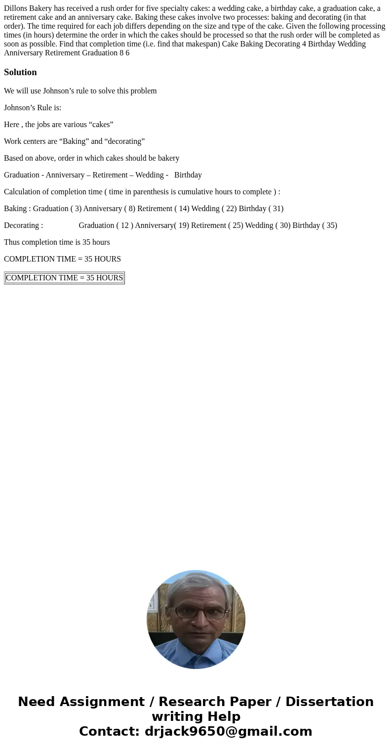Dillons Bakery has received a rush order for five specialty cakes: a wedding cake, a birthday cake, a graduation cake, a retirement cake and an anniversary cak  Dillons Bakery has received a rush order for five specialty cakes: a wedding cake, a birthday cake, a graduation cake, a retirement cake and an anniversary cak