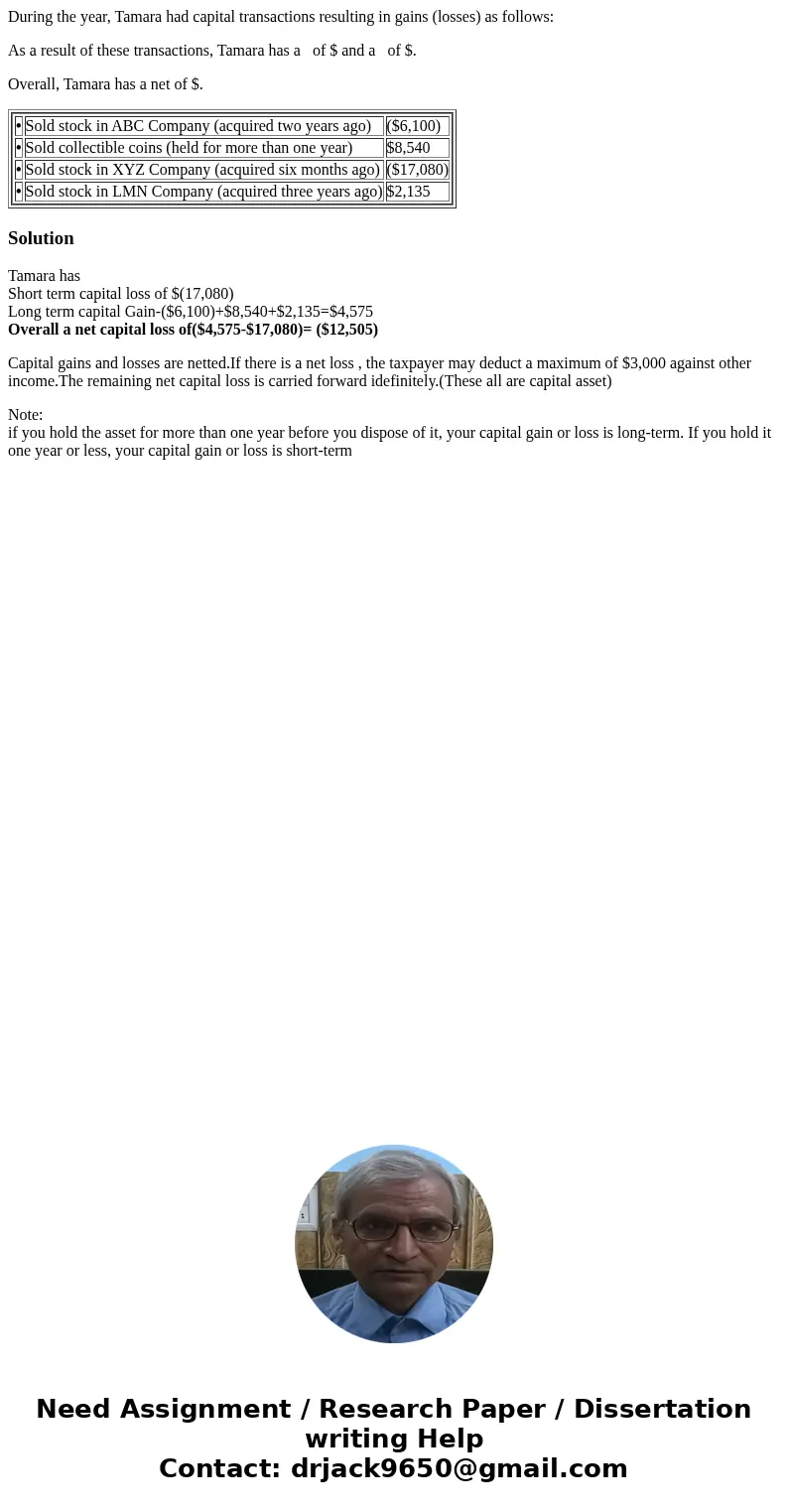 During the year, Tamara had capital transactions resulting in gains (losses) as follows: As a result of these transactions, Tamara has a of $ and a of $. Overal During the year, Tamara had capital transactions resulting in gains (losses) as follows: As a result of these transactions, Tamara has a of $ and a of $. Overal