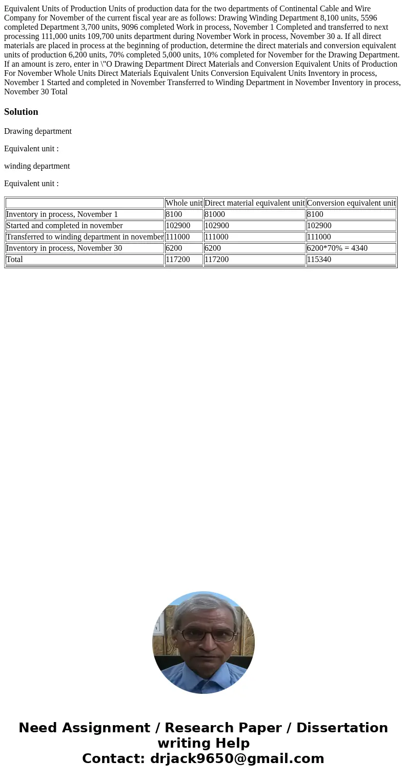 Equivalent Units of Production Units of production data for the two departments of Continental Cable and Wire Company for November of the current fiscal year a  Equivalent Units of Production Units of production data for the two departments of Continental Cable and Wire Company for November of the current fiscal year a