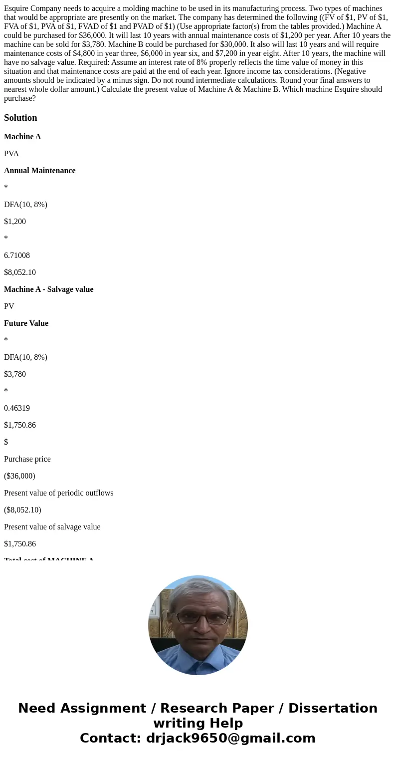 Esquire Company needs to acquire a molding machine to be used in its manufacturing process. Two types of machines that would be appropriate are presently on the