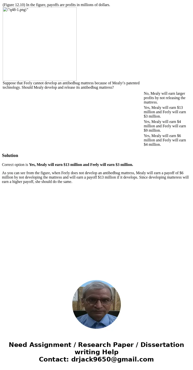  (Figure 12.10) In the figure, payoffs are profits in millions of dollars. Suppose that Feely cannot develop an antibedbug mattress because of Mealy\'s patented