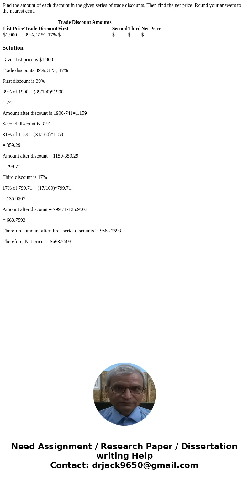 Find the amount of each discount in the given series of trade discounts. Then find the net price. Round your answers to the nearest cent. Trade Discount Amounts