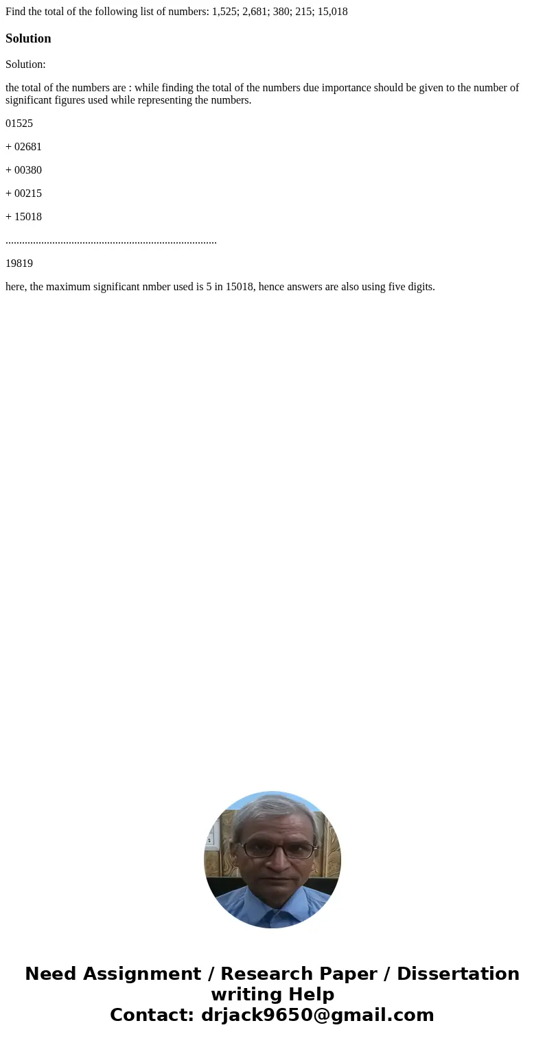 Find the total of the following list of numbers: 1,525; 2,681; 380; 215; 15,018SolutionSolution: the total of the numbers are : while finding the total of the n Find the total of the following list of numbers: 1,525; 2,681; 380; 215; 15,018SolutionSolution: the total of the numbers are : while finding the total of the n