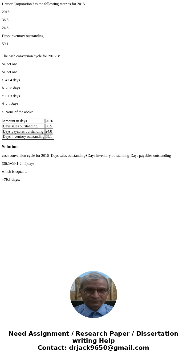 Hauser Corporation has the following metrics for 2016. 2016 36.5 24.8 Days inventory outstanding 59.1 The cash conversion cycle for 2016 is: Select one: Select  Hauser Corporation has the following metrics for 2016. 2016 36.5 24.8 Days inventory outstanding 59.1 The cash conversion cycle for 2016 is: Select one: Select