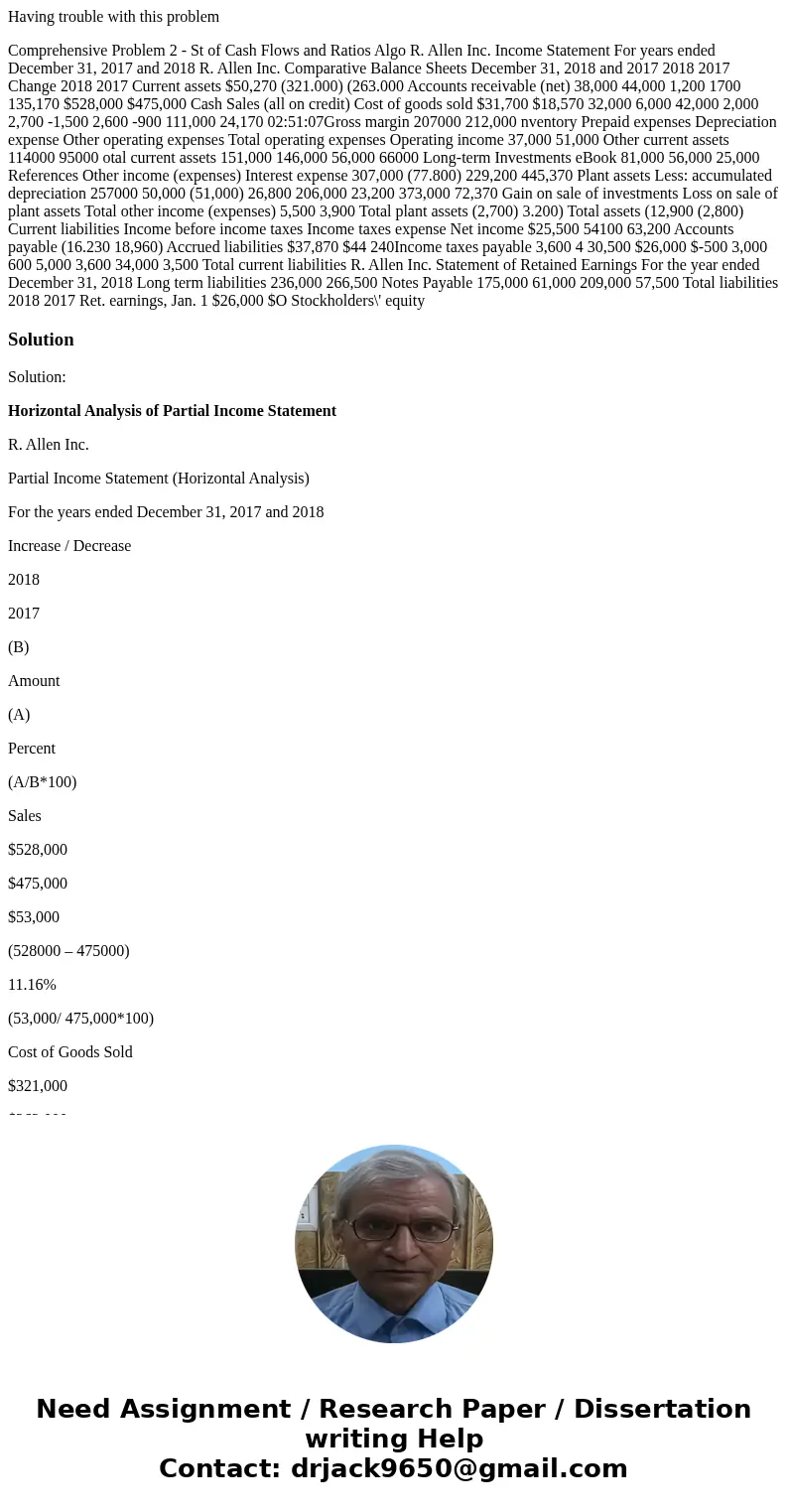 Having trouble with this problem Comprehensive Problem 2 - St of Cash Flows and Ratios Algo R. Allen Inc. Income Statement For years ended December 31, 2017 and