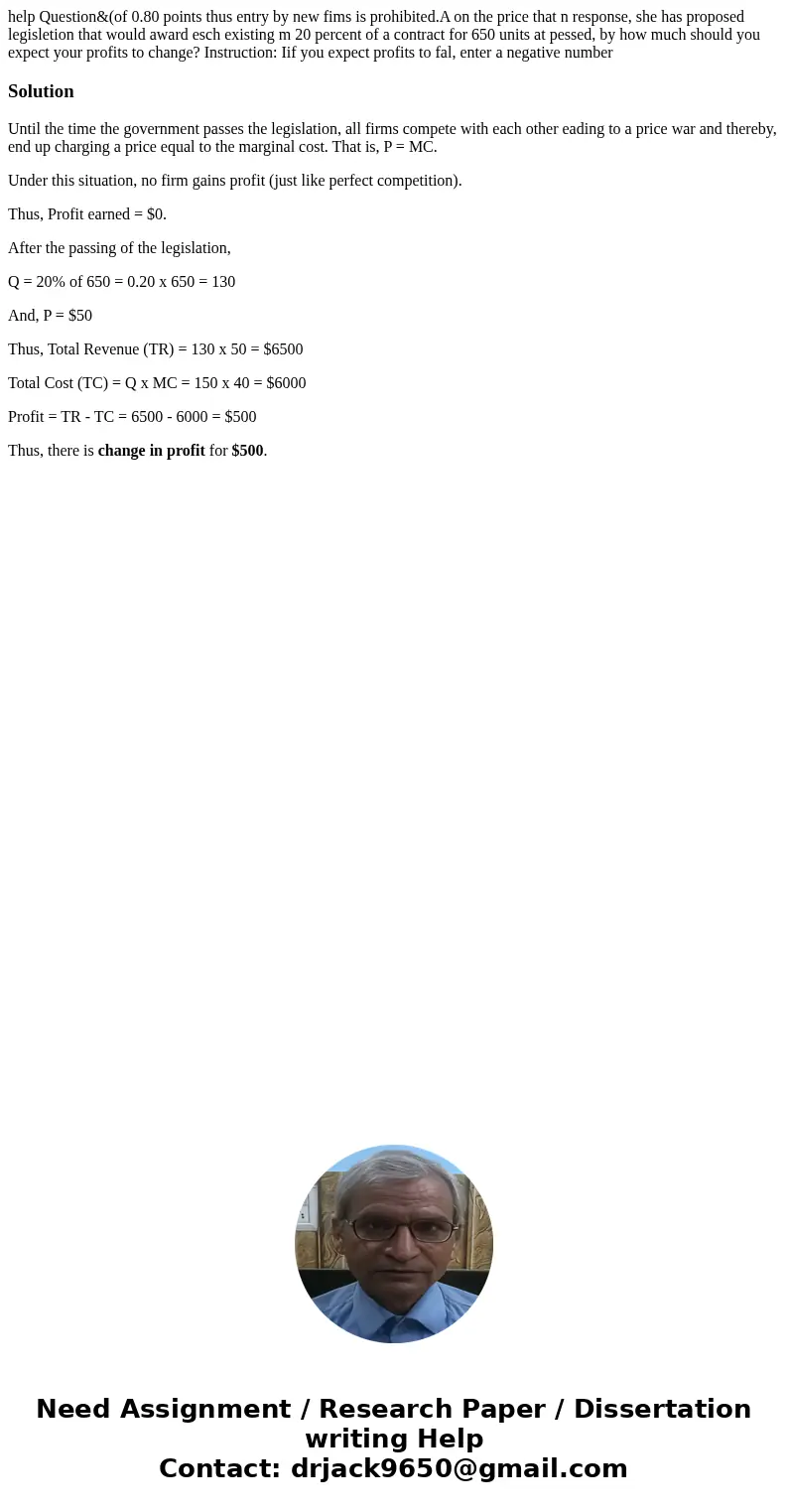  help Question&(of 0.80 points thus entry by new fims is prohibited.A on the price that n response, she has proposed legisletion that would award esch exist