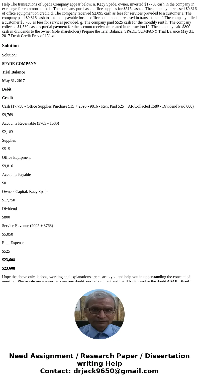  Help The transactions of Spade Company appear below. a. Kacy Spade, owner, invested $17750 cash in the company in exchange for common stock. b. The company pur