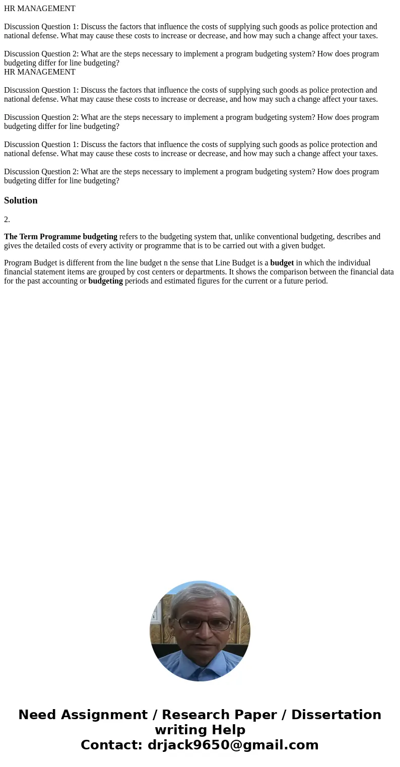 HR MANAGEMENT Discussion Question 1: Discuss the factors that influence the costs of supplying such goods as police protection and national defense. What may ca HR MANAGEMENT Discussion Question 1: Discuss the factors that influence the costs of supplying such goods as police protection and national defense. What may ca