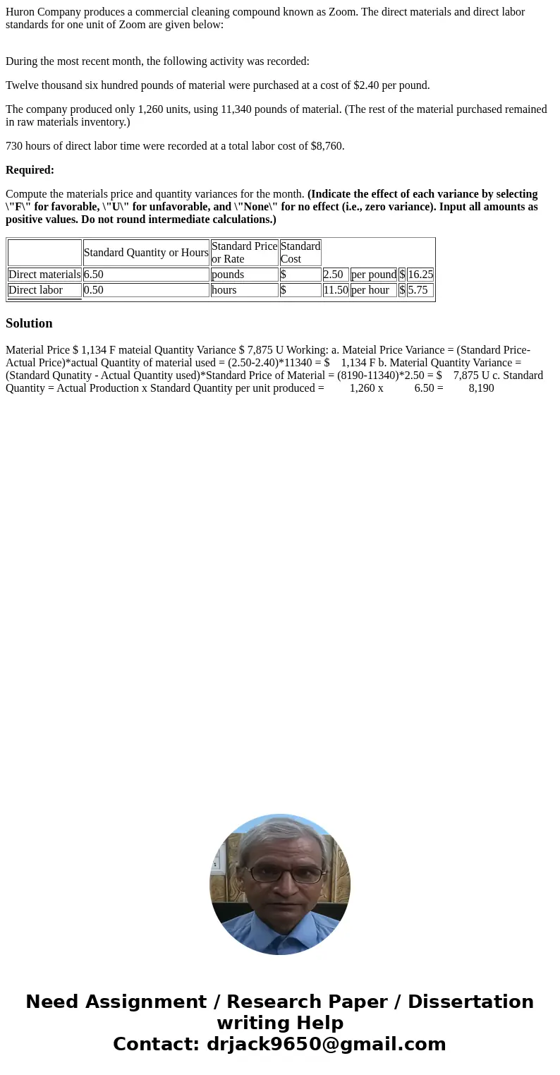 Huron Company produces a commercial cleaning compound known as Zoom. The direct materials and direct labor standards for one unit of Zoom are given below: Durin