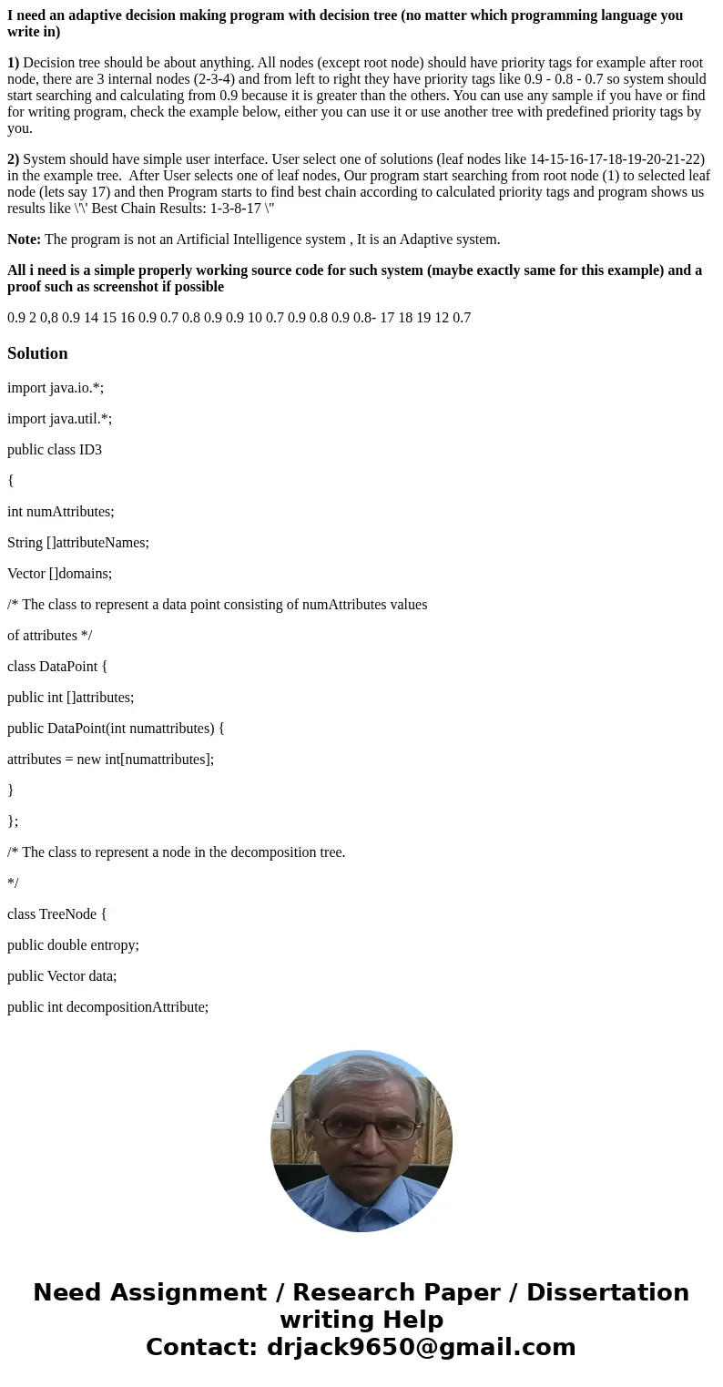 I need an adaptive decision making program with decision tree (no matter which programming language you write in) 1) Decision tree should be about anything. All I need an adaptive decision making program with decision tree (no matter which programming language you write in) 1) Decision tree should be about anything. All