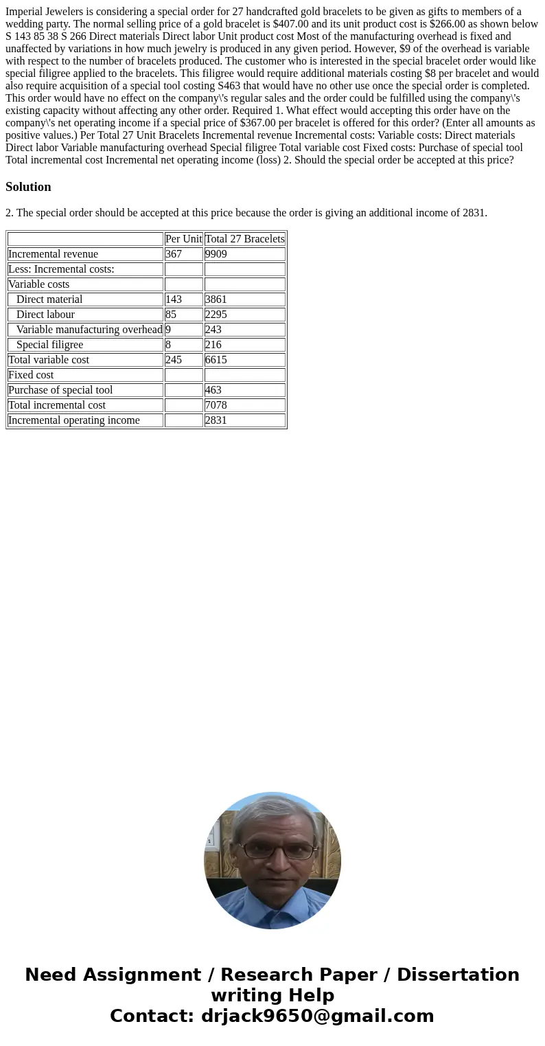 Imperial Jewelers is considering a special order for 27 handcrafted gold bracelets to be given as gifts to members of a wedding party. The normal selling price  Imperial Jewelers is considering a special order for 27 handcrafted gold bracelets to be given as gifts to members of a wedding party. The normal selling price