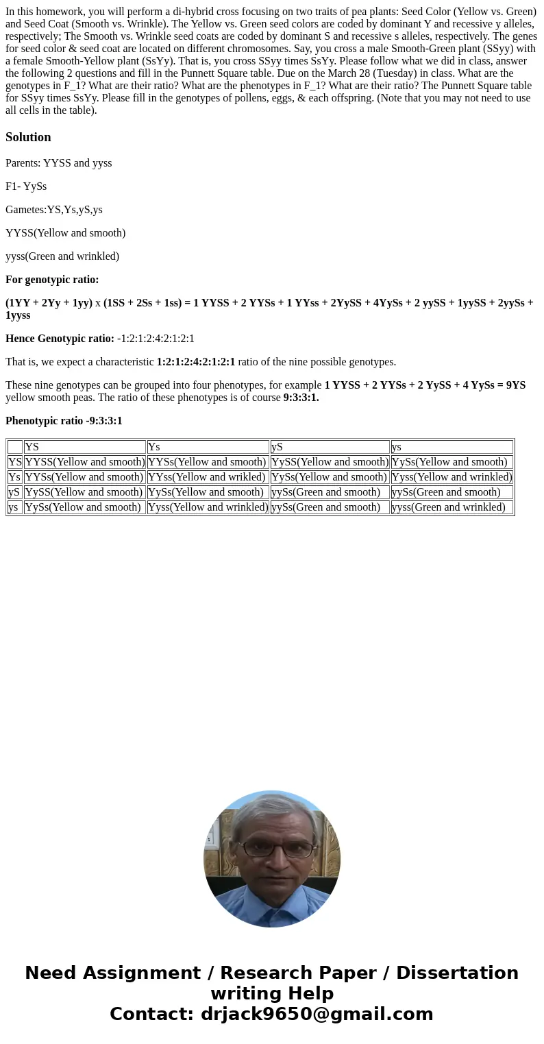 In this homework, you will perform a di-hybrid cross focusing on two traits of pea plants: Seed Color (Yellow vs. Green) and Seed Coat (Smooth vs. Wrinkle). Th  In this homework, you will perform a di-hybrid cross focusing on two traits of pea plants: Seed Color (Yellow vs. Green) and Seed Coat (Smooth vs. Wrinkle). Th