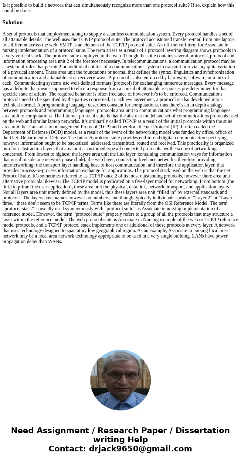 Is it possible to build a network that can simultaneously recognize more than one protocol suite? If so, explain how this could be done.Solution A set of protoc Is it possible to build a network that can simultaneously recognize more than one protocol suite? If so, explain how this could be done.Solution A set of protoc