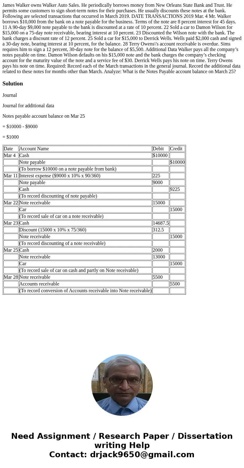 James Walker owns Walker Auto Sales. He periodically borrows money from New Orleans State Bank and Trust. He permits some customers to sign short-term notes for James Walker owns Walker Auto Sales. He periodically borrows money from New Orleans State Bank and Trust. He permits some customers to sign short-term notes for