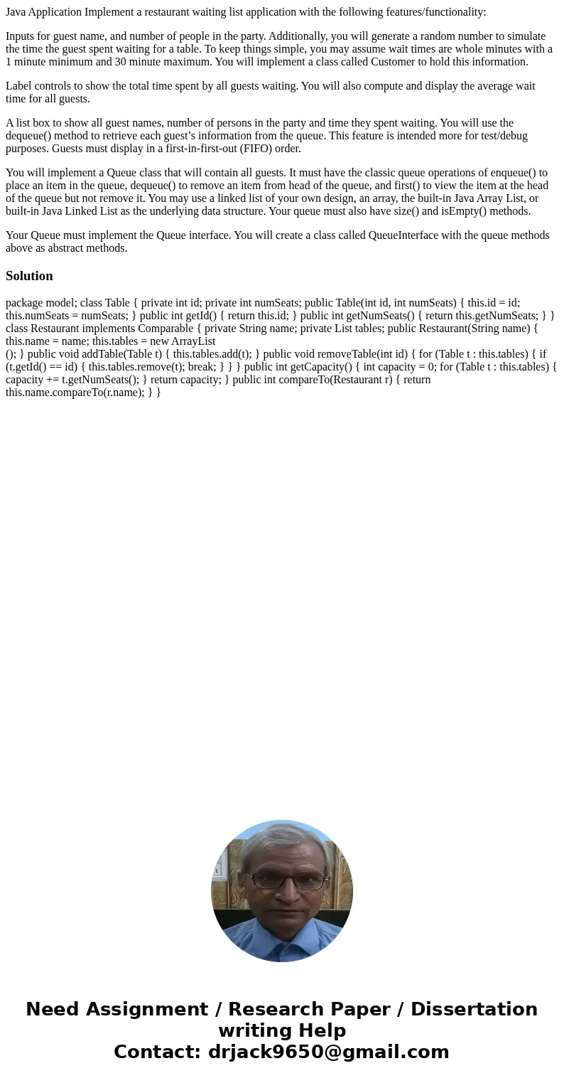 Java Application Implement a restaurant waiting list application with the following features/functionality: Inputs for guest name, and number of people in the p