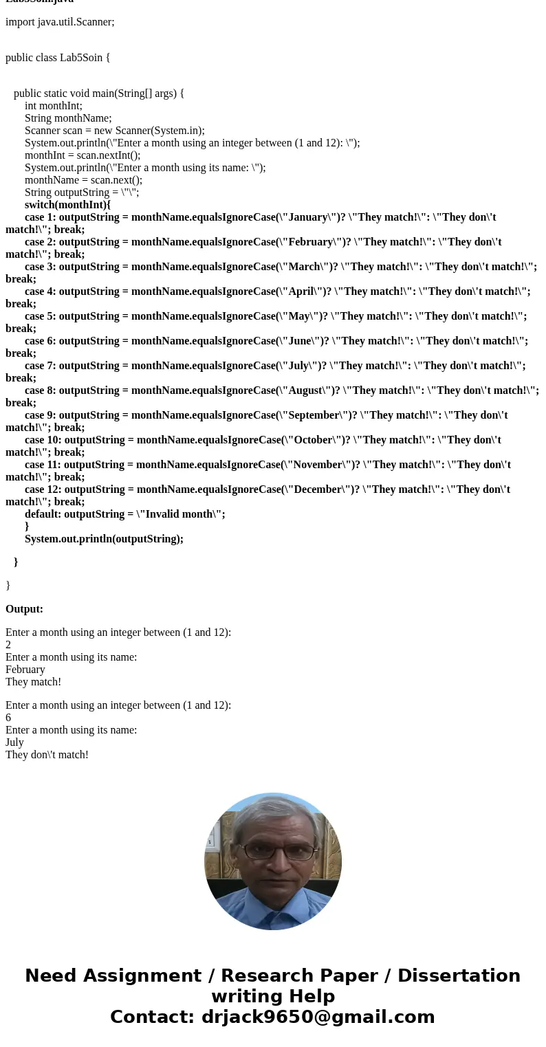 Lab exercise Complete the following exercise in your labsession Do not forget to ask your TA for any help you need. 1. Control statements: Lab5.java Go ahead a  Lab exercise Complete the following exercise in your labsession Do not forget to ask your TA for any help you need. 1. Control statements: Lab5.java Go ahead a