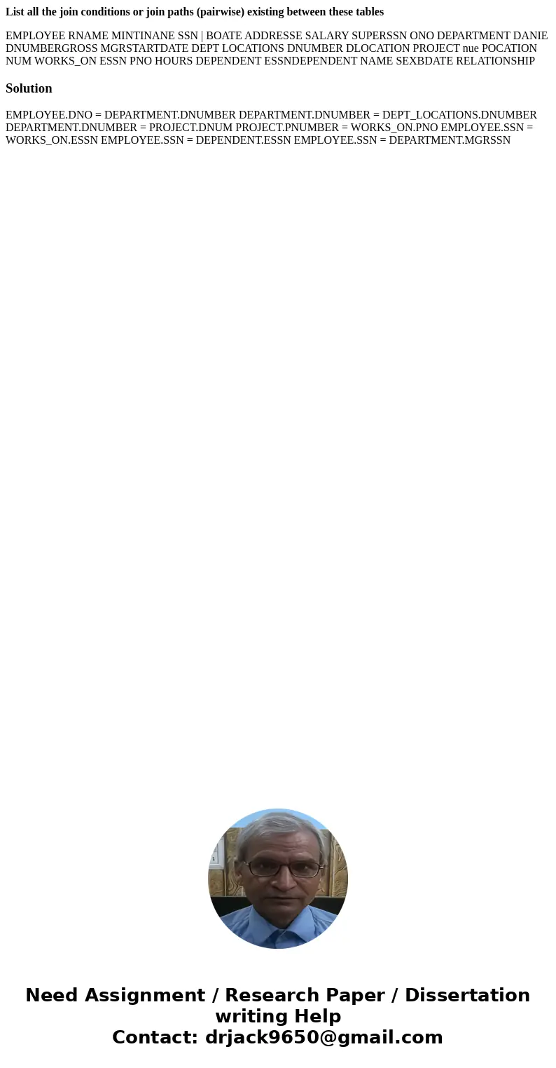 List all the join conditions or join paths (pairwise) existing between these tables EMPLOYEE RNAME MINTINANE SSN | BOATE ADDRESSE SALARY SUPERSSN ONO DEPARTMENT List all the join conditions or join paths (pairwise) existing between these tables EMPLOYEE RNAME MINTINANE SSN | BOATE ADDRESSE SALARY SUPERSSN ONO DEPARTMENT