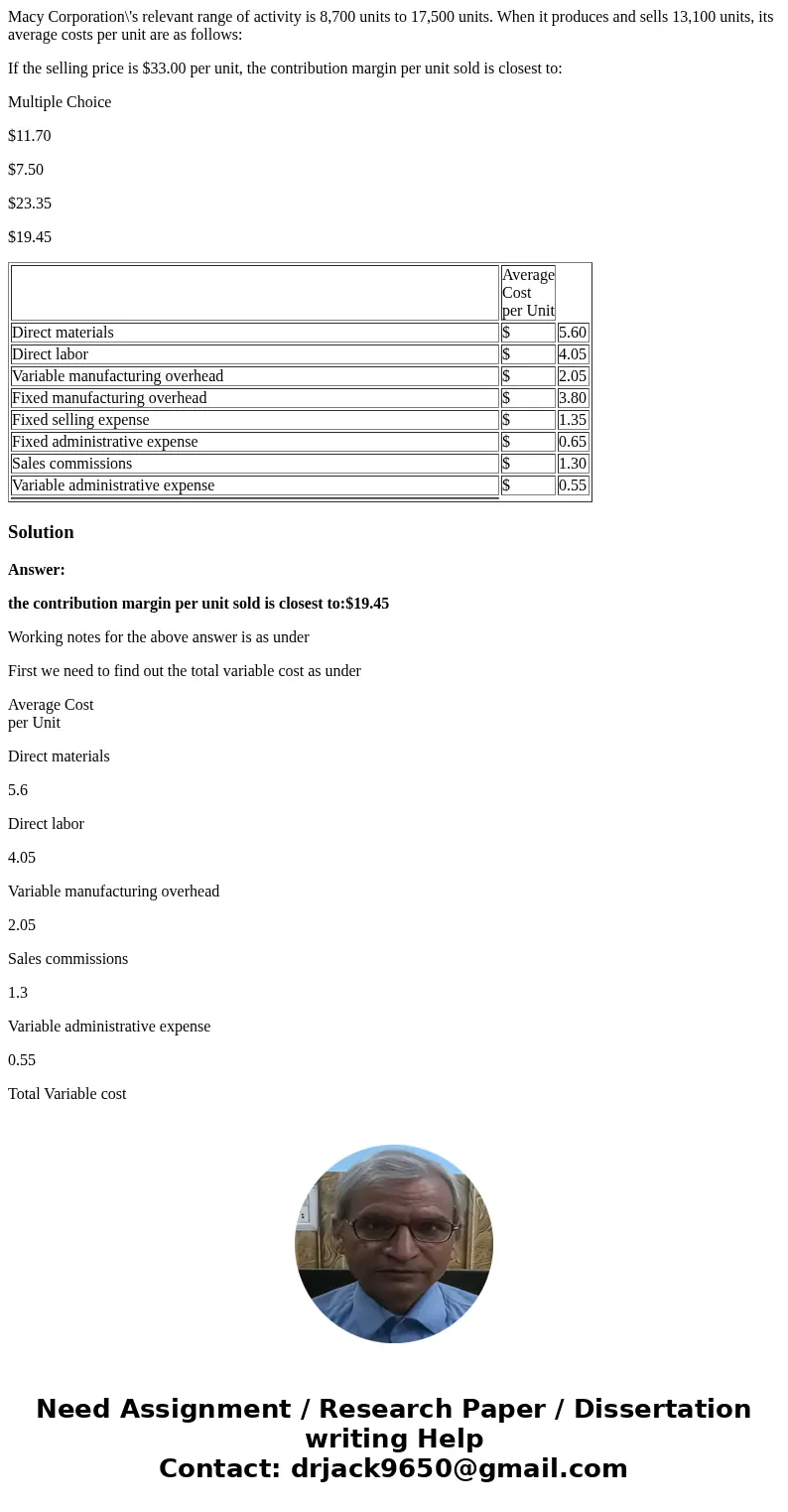 Macy Corporation\'s relevant range of activity is 8,700 units to 17,500 units. When it produces and sells 13,100 units, its average costs per unit are as follow
