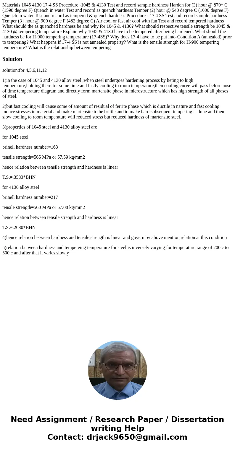 Materials 1045 4130 17-4 SS Procedure -1045 & 4130 Test and record sample hardness Harden for (3) hour @ 870* C (1598 degree F) Quench in water Test and re  Materials 1045 4130 17-4 SS Procedure -1045 & 4130 Test and record sample hardness Harden for (3) hour @ 870* C (1598 degree F) Quench in water Test and re