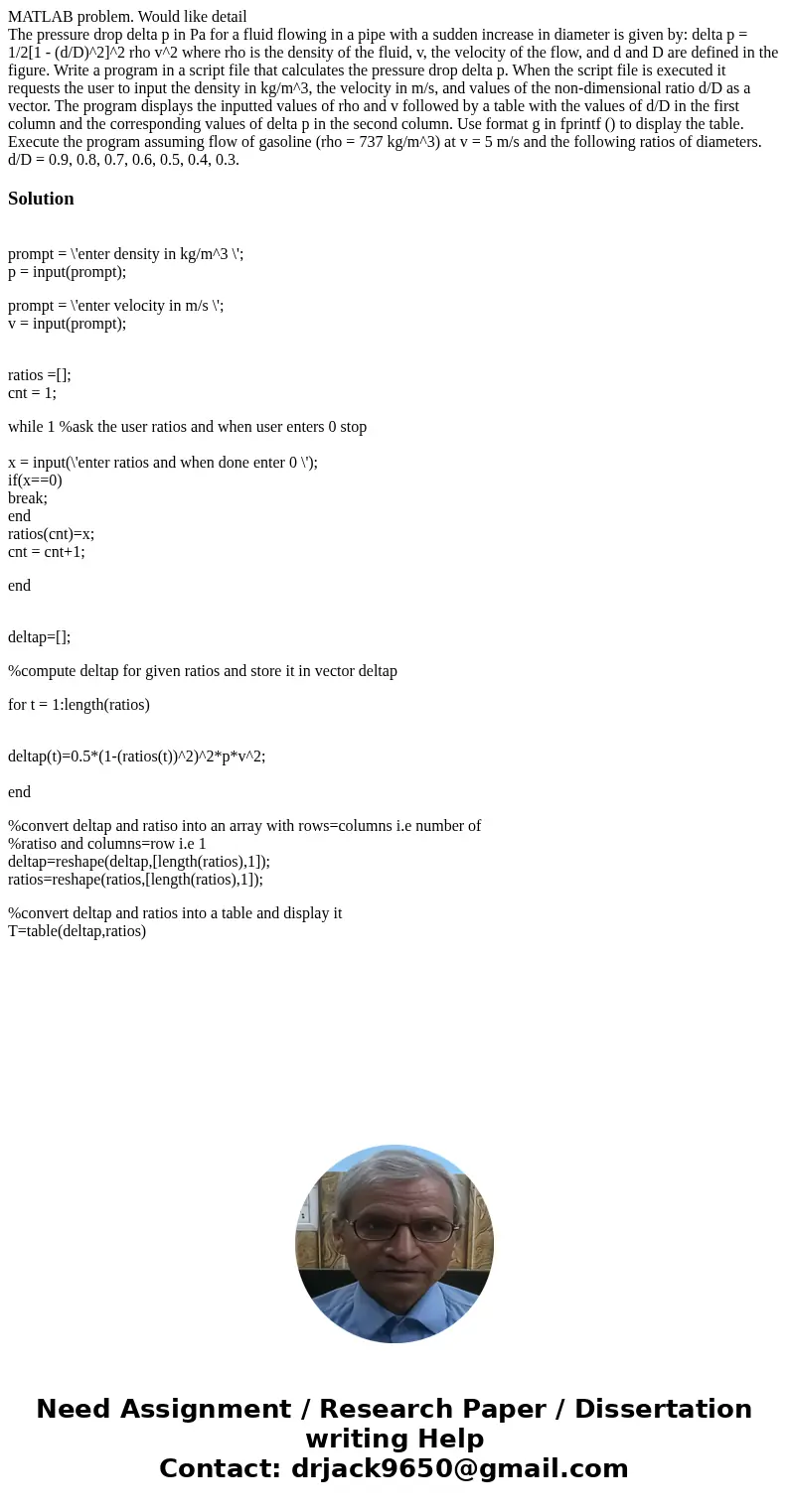MATLAB problem. Would like detail The pressure drop delta p in Pa for a fluid flowing in a pipe with a sudden increase in diameter is given by: delta p = 1/2[1  MATLAB problem. Would like detail The pressure drop delta p in Pa for a fluid flowing in a pipe with a sudden increase in diameter is given by: delta p = 1/2[1